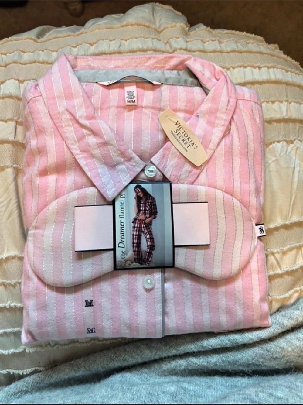 Victoria's Secret The Dreamer Flannel PJ Striped Pajama Set Pink & White Medium